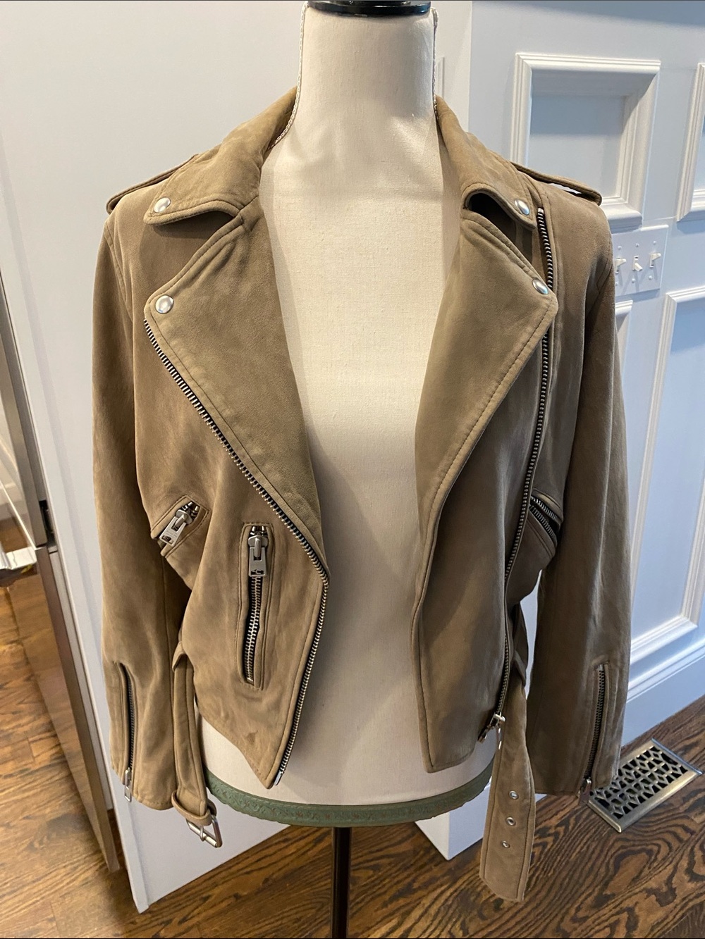 All Saints Taupe Suede Moto Jacket with Silver Hardware